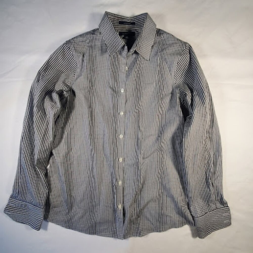 Land's End Black White Gingham Button Down Long Sleeve Collar Shirt Women Size10